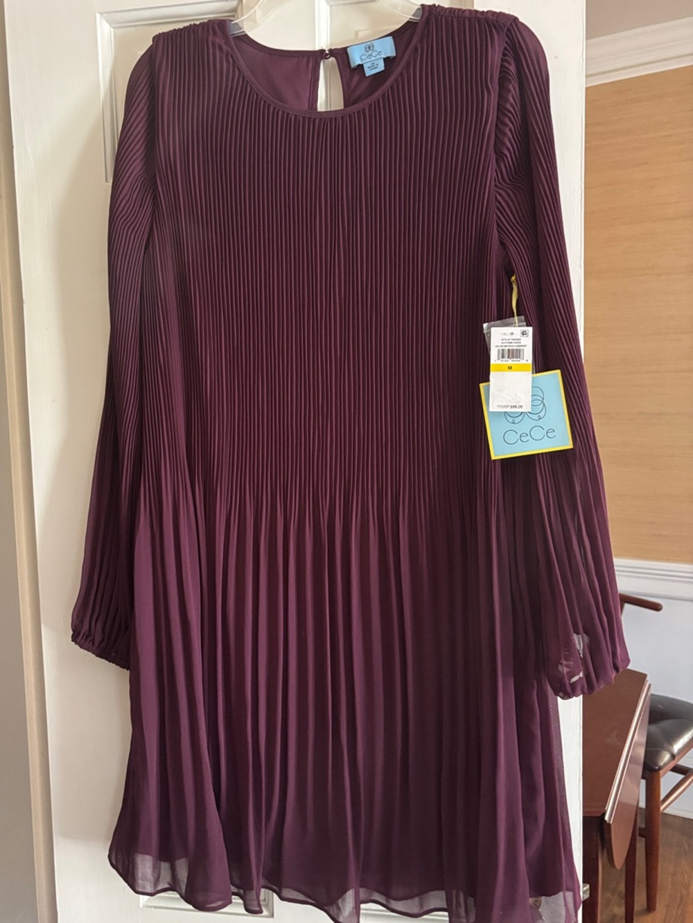 CeC Plum Pleated Long-Sleeve Party Dress